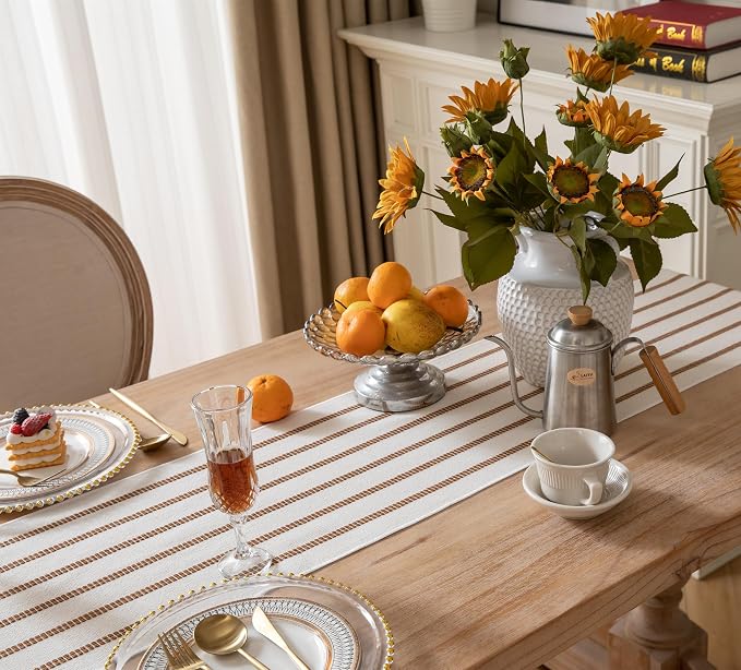 Caflife Boho Table Runner 108 Inchs Long Brown and Beige, Cotton and Linen Woven - Image 3