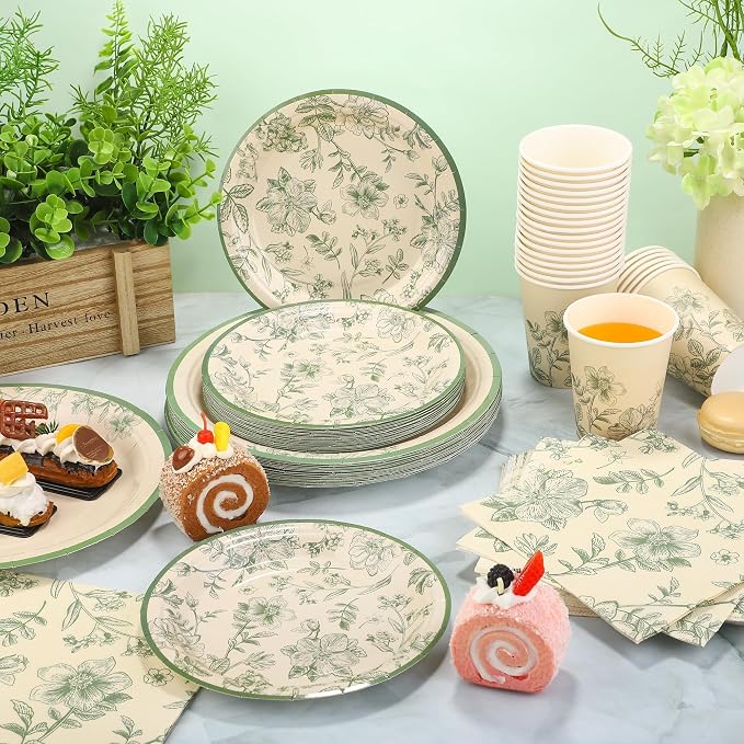 Kochorie 96 Pieces Sage Green Floral Party Supplies Elegant Floral Disposable - Image 5