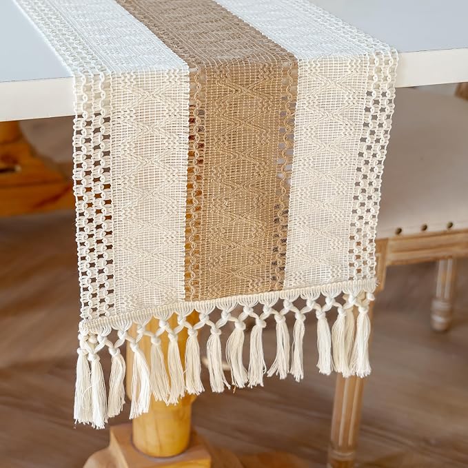 EMMTEEY Boho Table Runner with Tassels 108 Inches Long, Cream Brown | Handmade - Image 3