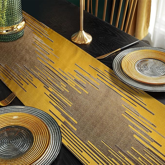 Luxury Gold Table Runner 72 Inches Long, Modern Abstract Geometry, Tassels | - Image 5