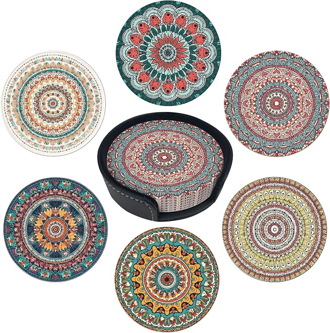 Mandala Pattern Coasters Leather Round Drink Coasters 6 Pcs Set by Yopiiefa