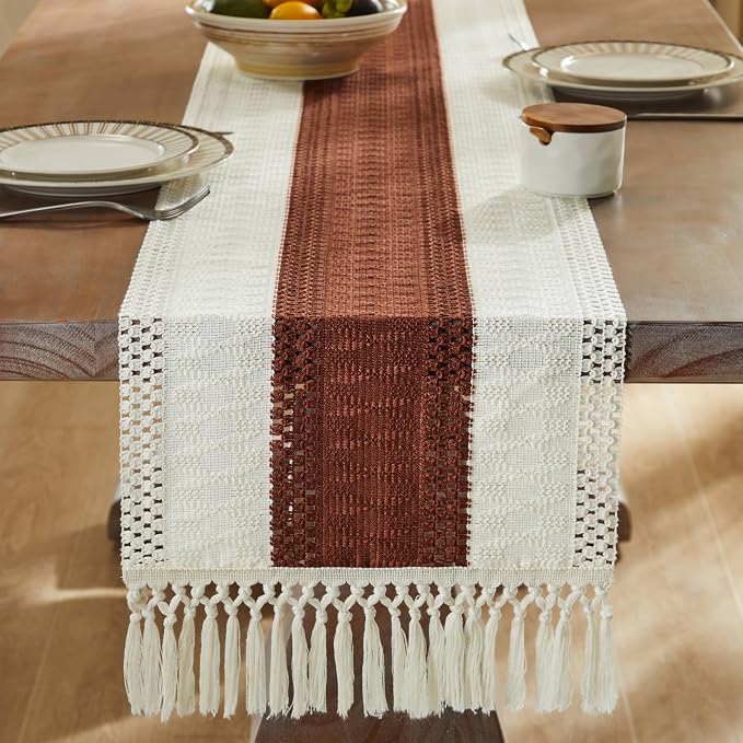 Macrame Style Bicolor Stitching Table Runner 14x36in Terracota | Woven Boho - Image 3