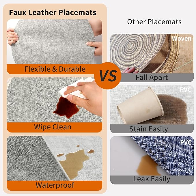 Maxpearl Faux Leather Round Placemats Set of 6, 13.8 inch, Heat Resistant - Image 4