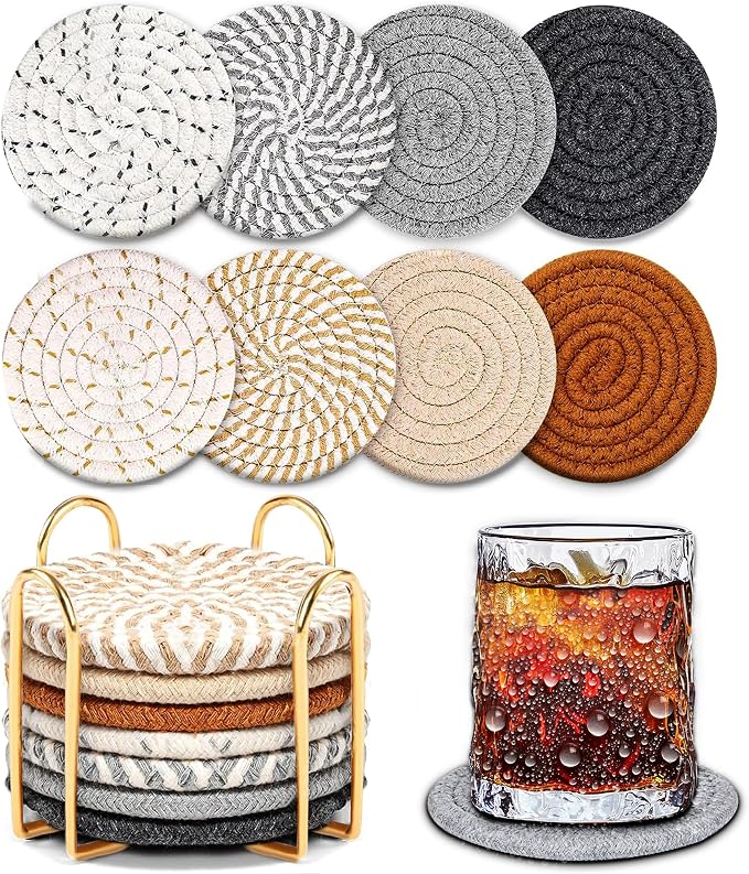 Golden Woven Coasters Set of 8, Absorbent Drink Coasters by Windran