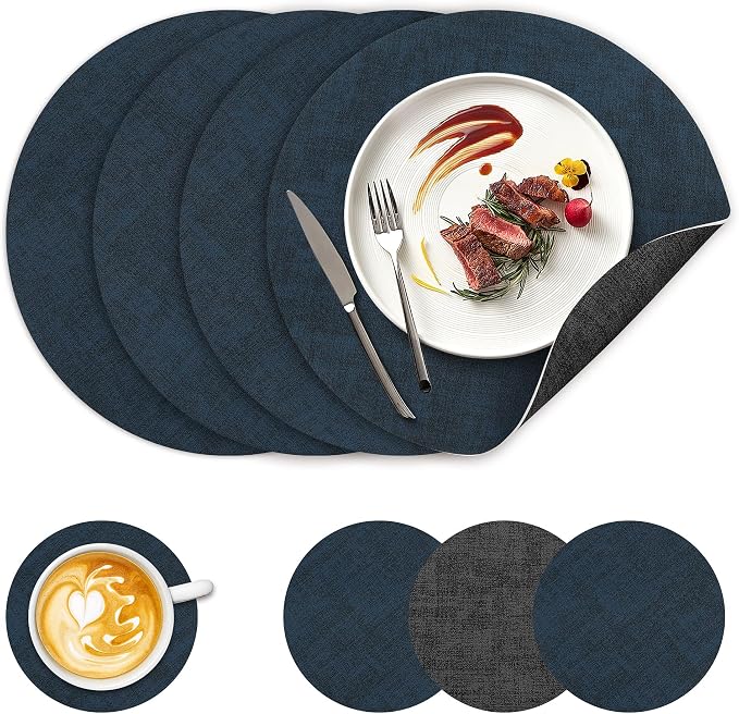 NCUE 13" Faux Leather Round Placemats Set of 4, Reversible Dual-Color | by NCUE