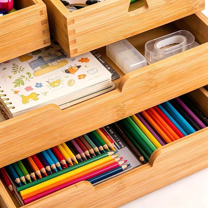 Bamboo Desk Organizer, 100% Natural Bamboo Desktop Drawer Organizer, Tabletop - Image 9