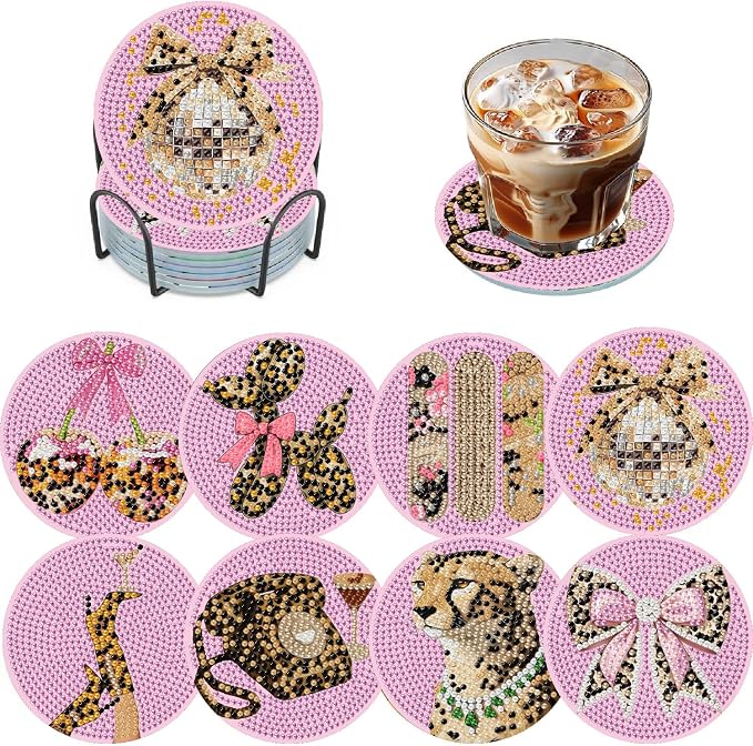 VIGEGU 8 Pack Pink Leopard Diamond Art Coasters Kits- Diamond Painting Coasters - Image 5