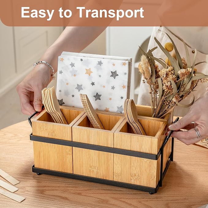 PTSTING Silverware Caddy Wood Silverware Holder Paper Plate Dispenser | - Image 2