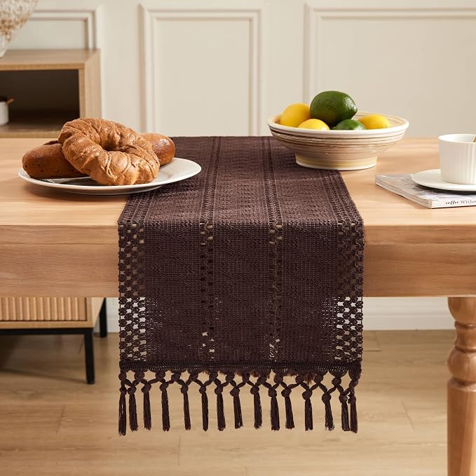 Macrame Style Boho Table Runner, 12x48 Inch Chocolate | Woven Boho Table Runner - Image 2