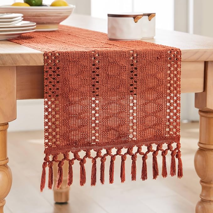 Macrame Style Boho Table Runner, 12x72 Inch Rust | Woven Boho Table Runner - Image 7