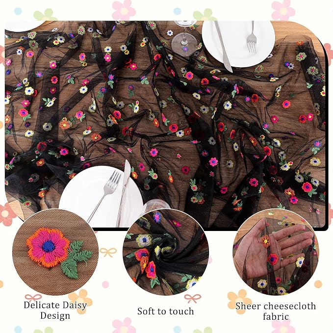 BINBE 1pcs Black Daisy Spring Table Runner Embroidery Gauze 10FT Florals - Image 6