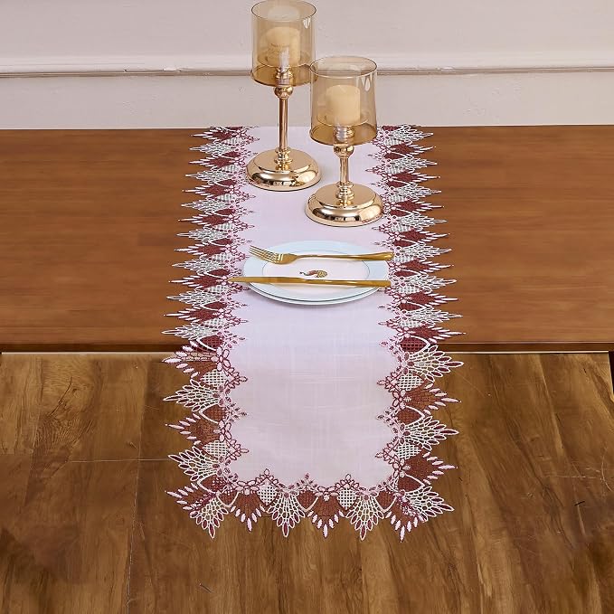 White Dark Red Linen Lace Table Runner 48 inches Dresser Scarf | White Sheer - Image 2