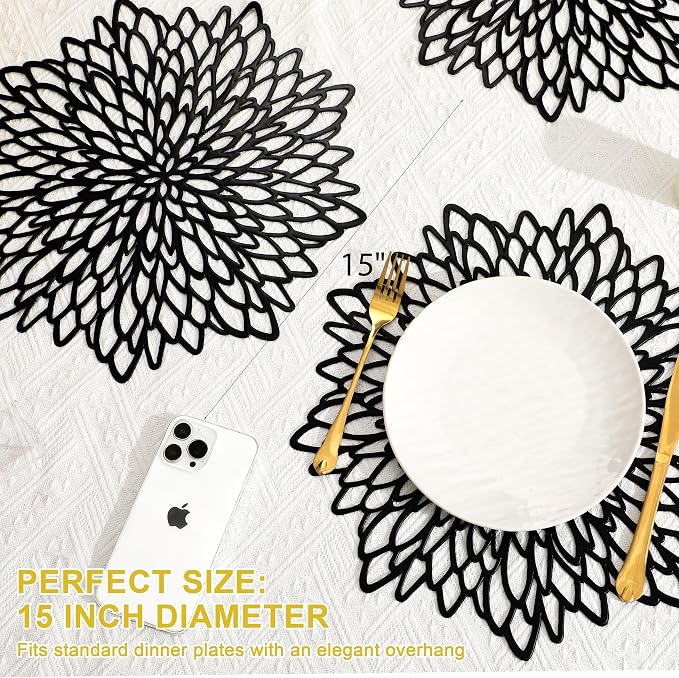 Set of 12 Round Placemats Black, Heat-Resistant PVC Table Mats - Image 4