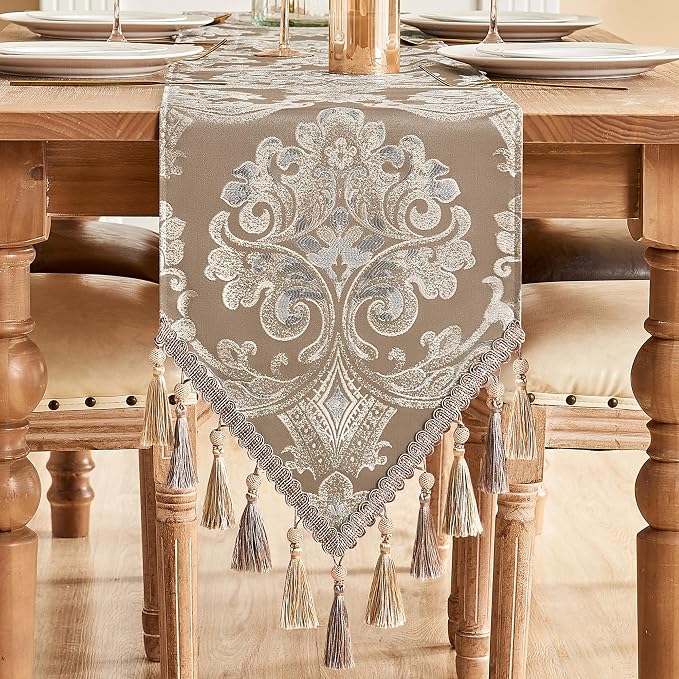 Loom and Mill Damask Floral Table Runner 72 Inches Long, Light Coffee | Luxury by LoomandMill