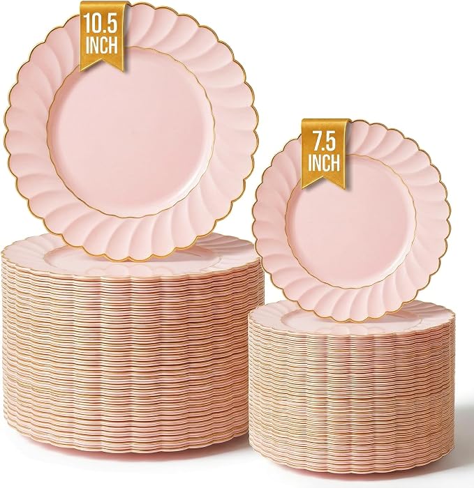 Stock Your Home 100 Pack Pink & Gold Scalloped Plastic Plates, Disposable Heavy by StockYourHome