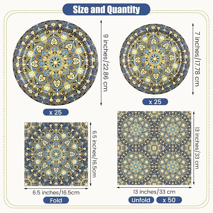 Kochorie 100 Pieces Bohemian Style Paper Plates and Napkins Set Vintage - Image 2