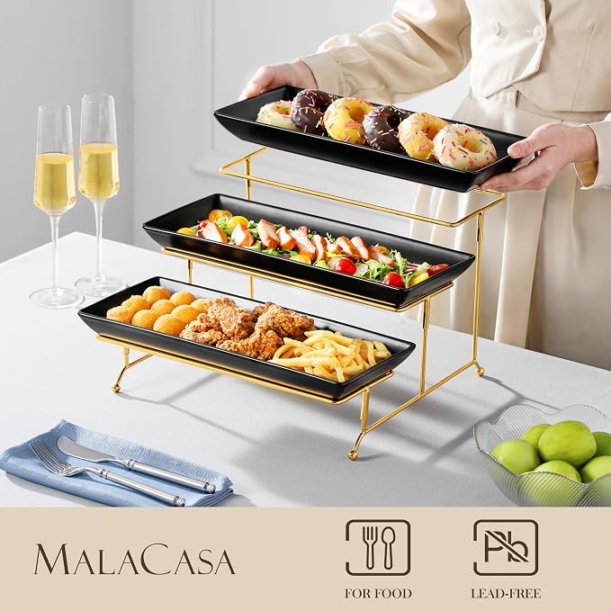 MALACASA 3 Tier Serving Trays for Party, 14 Inch Porcelain Black Trays for - Image 3