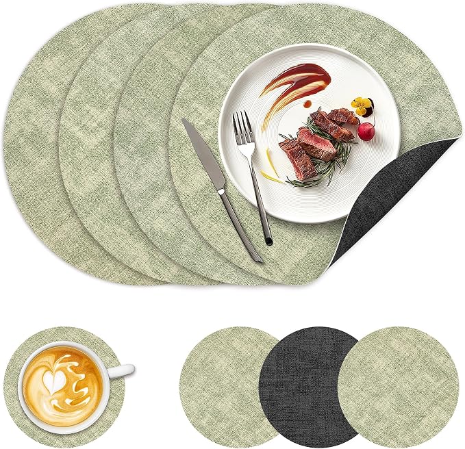 NCUE 13" Faux Leather Round Placemats Set of 4, Reversible Dual-Color | by NCUE