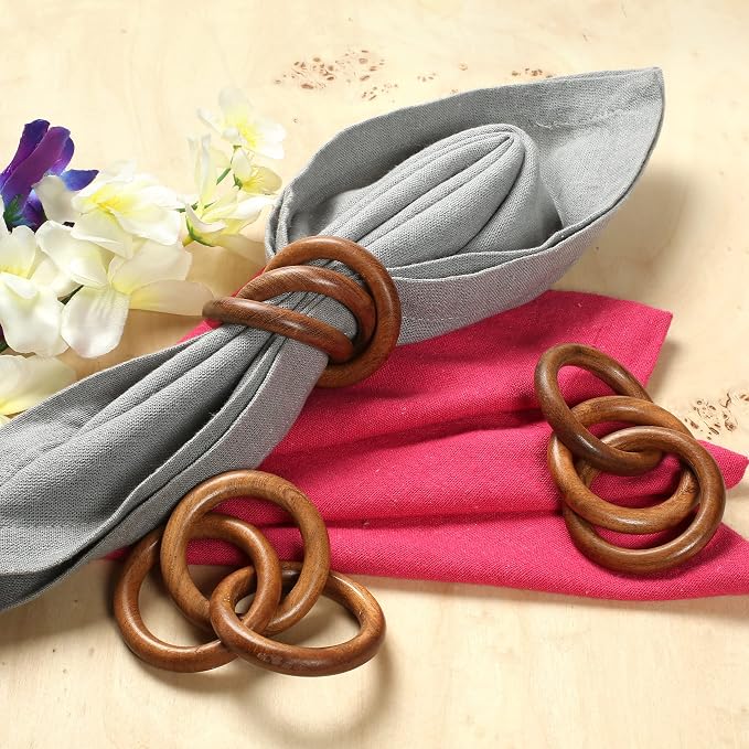 Brown Wood Napkin Rings Set of 8, 3-Ring Rustic | Natural wood, smooth edges - Image 3