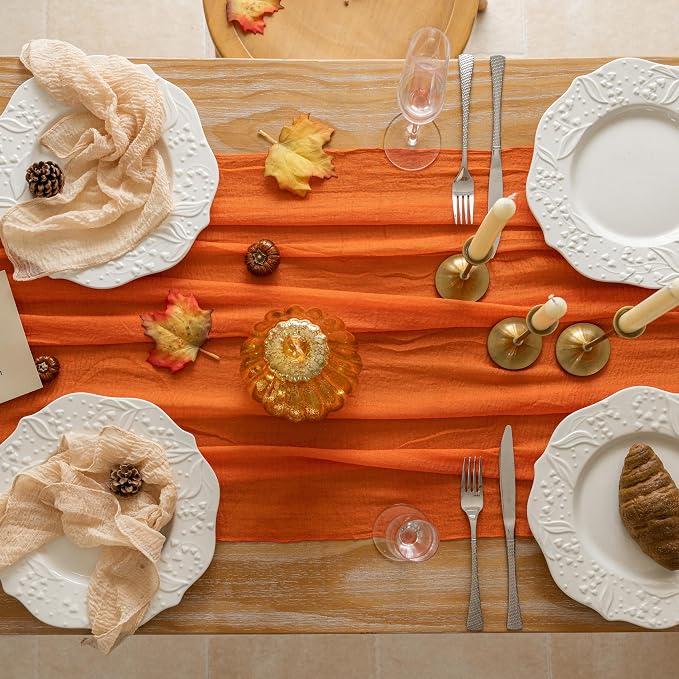 Orange Fall Table Runner Cheesecloth 120 Inch Thanksgiving Home Decorations | - Image 5