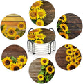 Table Coaster for Drinks Set of 6, Vintage Sunflower Wood Round Ceramic Coasters by Unknown