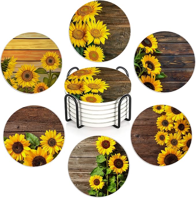 Table Coaster for Drinks Set of 6, Vintage Sunflower Wood Round Ceramic Coasters by Unknown