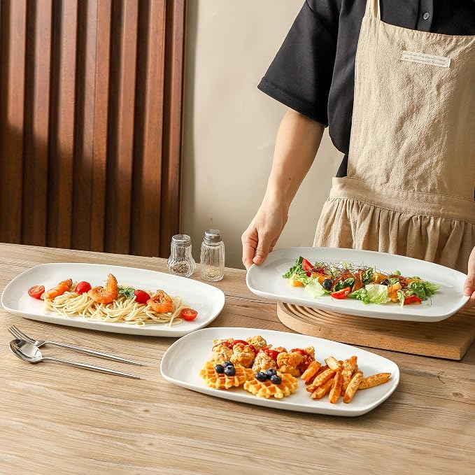 fMBB 3pcs Ceramic White Serving Platters, Large Rectangular Plate, Irregular - Image 6