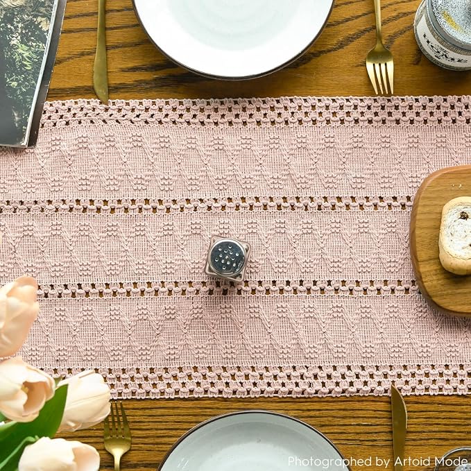 Artoid Mode Pink Woven Farmhouse Hollow Table Runner 12x60 Inch | Holiday - Image 4