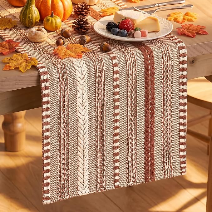 Artoid Mode Caramel Farmhouse Stripe Braided Table Runner 12x90 Inch | Holiday by ArtoidMode