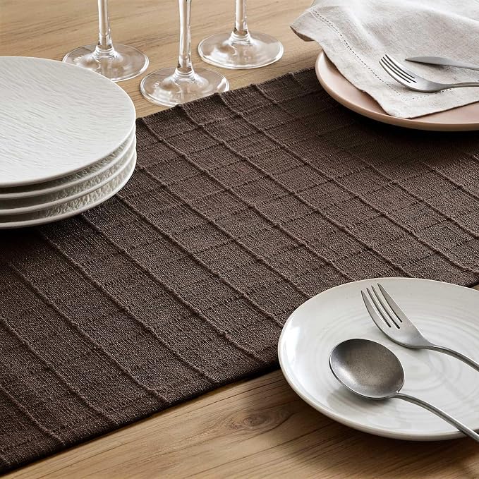 Artisanal Grid Linen Table Runner, 13x36 Inches Chocolate | Heavy Textured - Image 6