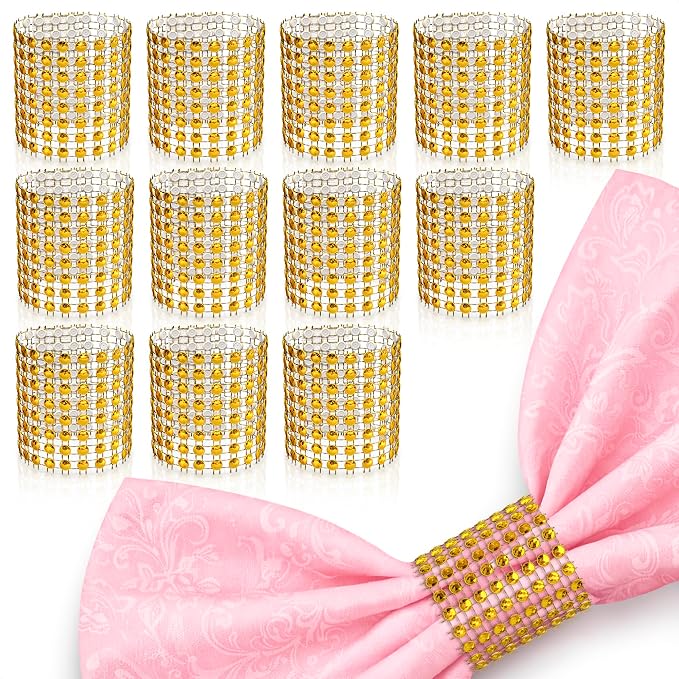 Gold Napkin Rings Bulk Set of 100, Rhinestone Holders by Leglo
