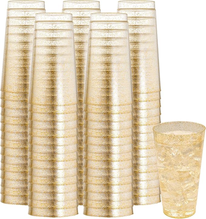 I00000 16 oz Gold Plastic Cups, 100 Pack Gold Glitter Plastic Cups Tumblers by I00000