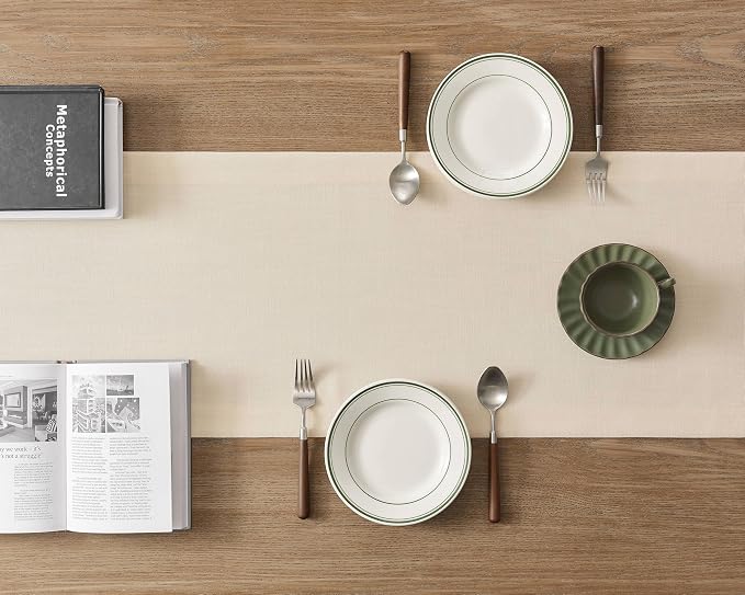 Linen Textured Border Table Runner, 14 x 72 Inch Cream | Mitered Corner Design - Image 4