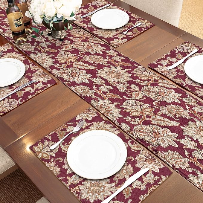 Loom and Mill Vintage Jacquard Damask Table Runner 13x108 inch, Burgundy | - Image 4