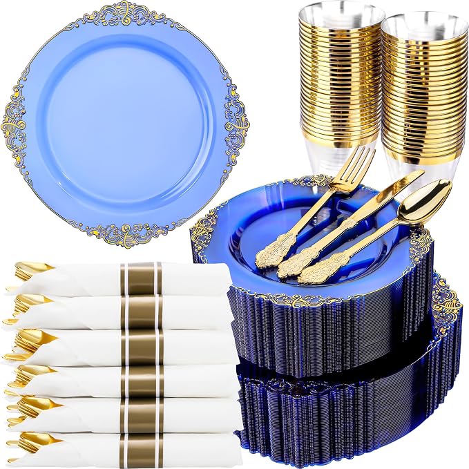 Nervure 350Pcs Blue Plastic Plates, Disposable Dinnerware Set by Nervure