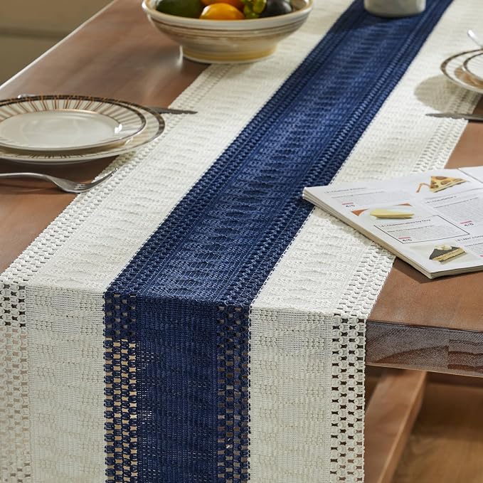 Macrame Style Bicolor Stitching Table Runner 14x108in Navy Blue | Woven Boho - Image 5