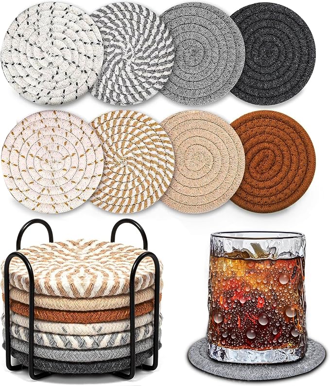 Woven Coasters Set of 8, Absorbent Drink Coasters by Windran