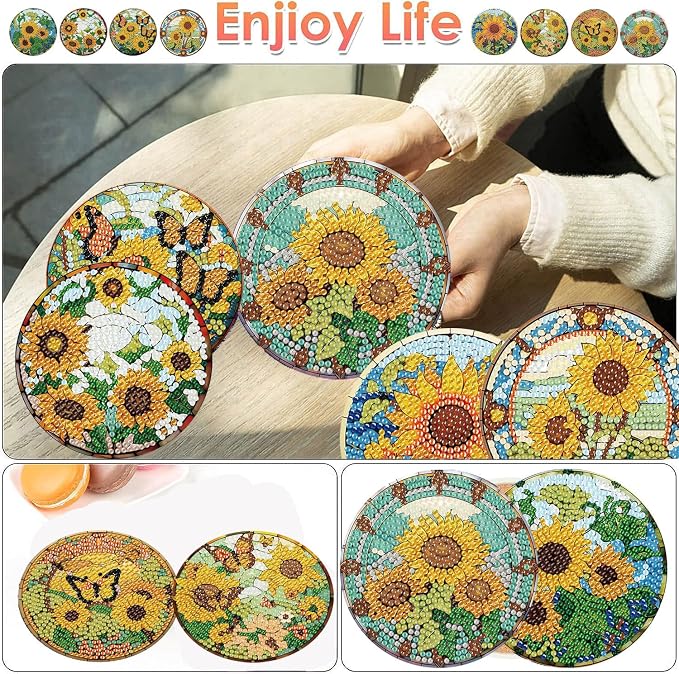 ijbnhd 8 Pcs Sunflower Diamond Art Coasters Kit Diamond Painting Coasters | - Image 2
