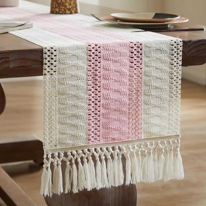 Macrame Style Bicolor Stitching Table Runner 14x36in Light Pink | Woven Boho - Image 7