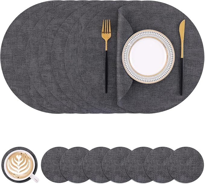 Homaxy Round Faux Leather Placemats and Coasters, Dark Grey | Washable by Homaxy