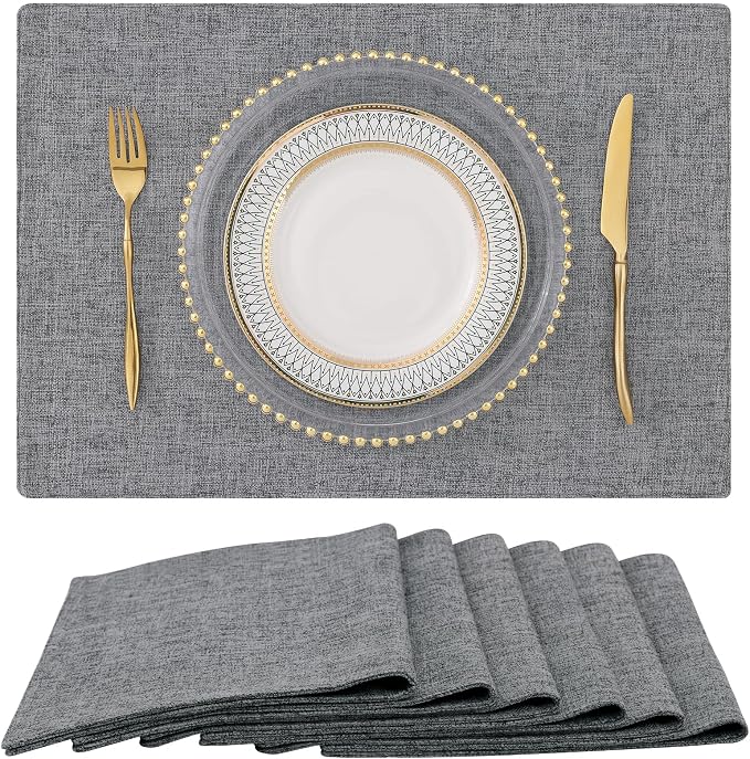 Faux Cotton Linen Placemats Set of 6, Cloth Washable Farmhouse Dining Table Mats by homing