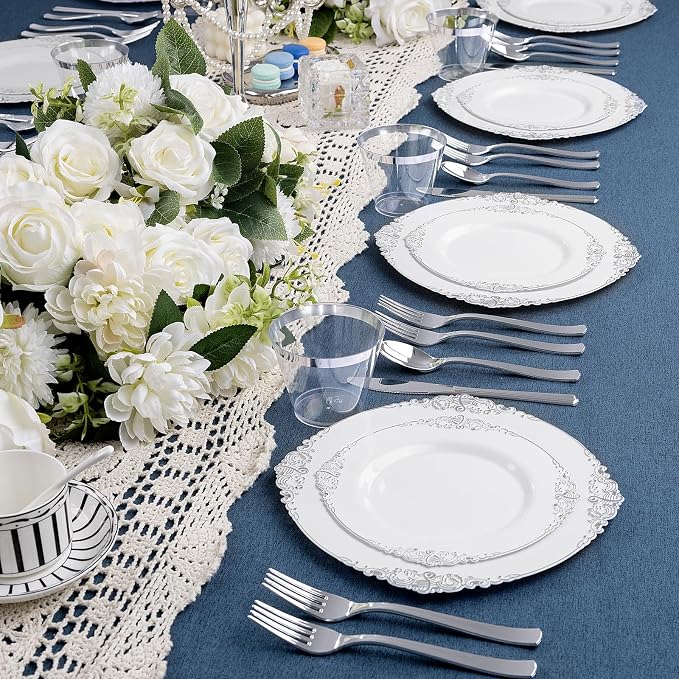 Nervure 600Pcs Silver Plastic Plates, Plastic Dinnerware Set - Image 4