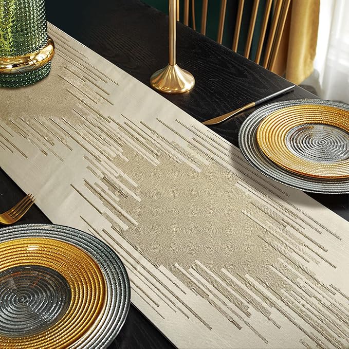 Luxury Beige Table Runner 120 Inches Long, Modern Geometric, Elegant Tassel | - Image 5