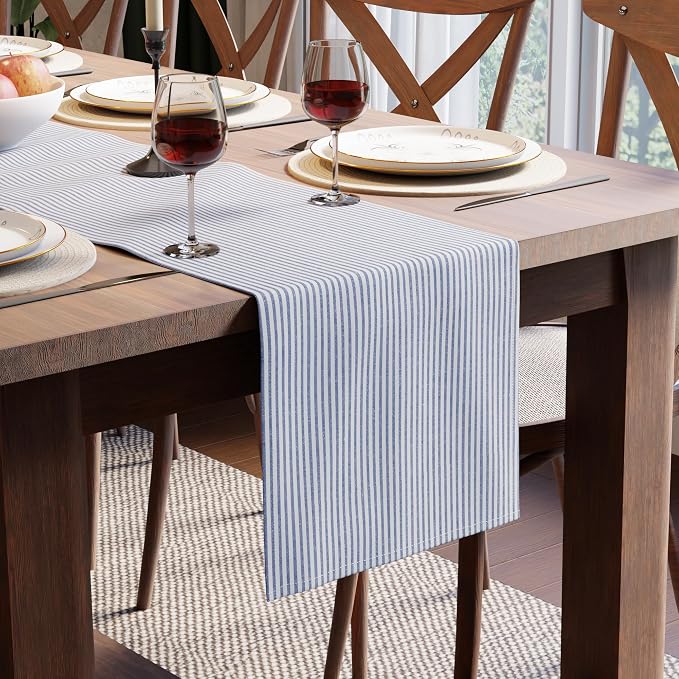 Encasa XO Table Runner, Woven Cotton Dining Runner 13"x59" | Ticking Navy Blue by EncasaXO