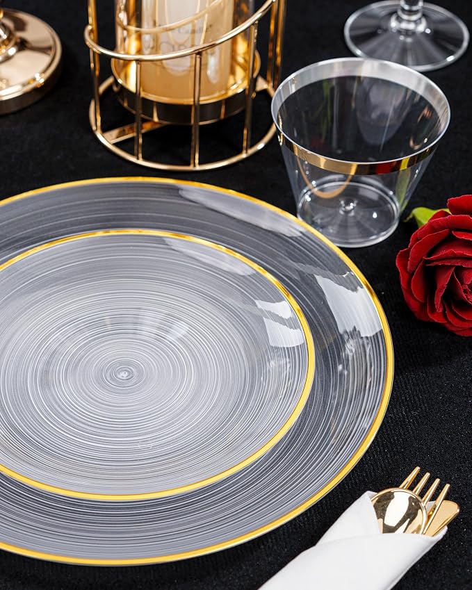 Morejoy 350PCS Clear Gold Plastic Plates - Image 2