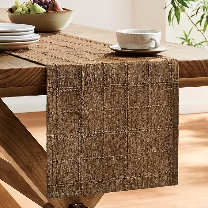 Linen Checked Farmhouse Table Runner, 13x48 Inches Roasted Brown | Raised Grid - Image 4