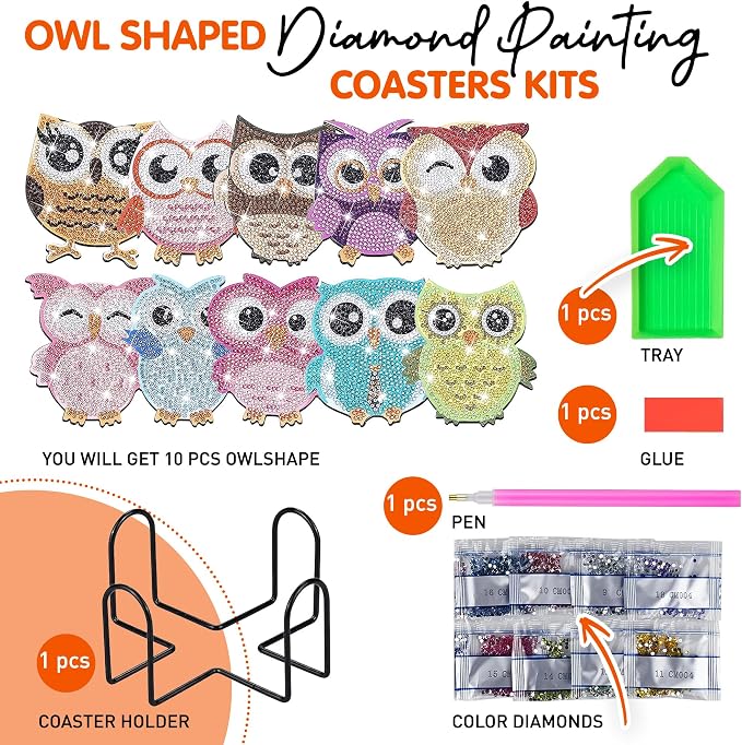 10 pcs Diamond Painting Coasters | Diamond Art Coasters | Owls Diamond Art - Image 3
