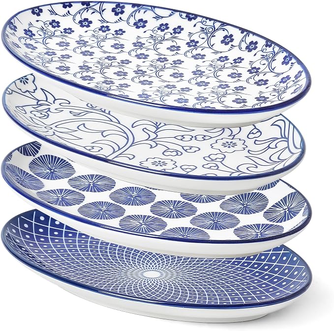 Selamica Ceramic Serving Plates, 10 Inch Oval Dinner Plates Set of 4, Small by Selamica