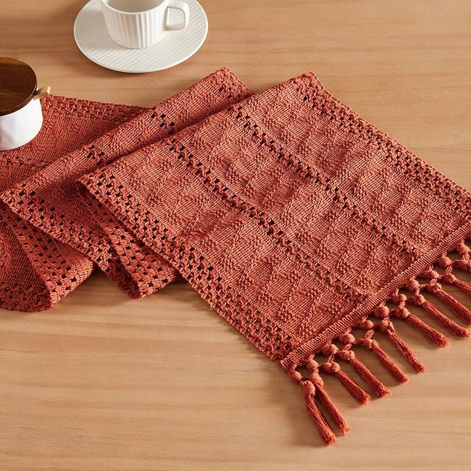 Macrame Style Boho Table Runner, 12x108 Inch Rust | Woven Boho Table Runner - Image 7