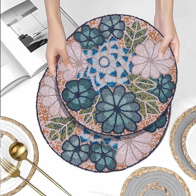 13" Flower Beaded Placemats, Teal Multi, Round Dining Table Mat | Flower Beaded - Image 7